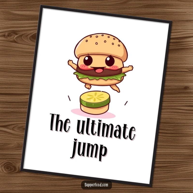 Funny digital art print of a burger patty leaping over a pickle slice, conveying determination.