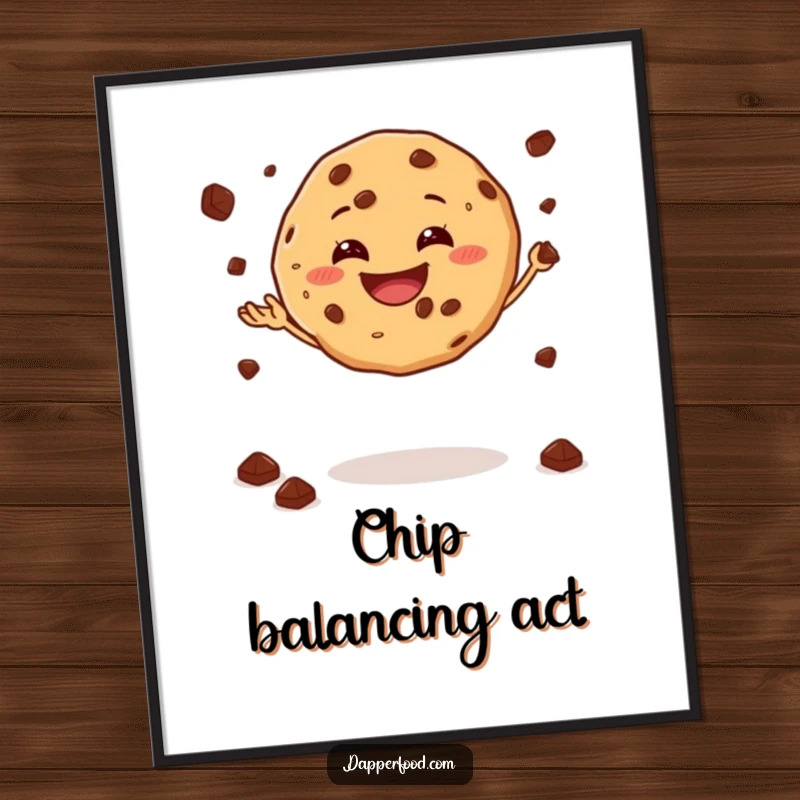 Funny digital art print of a grinning cookie gleefully juggling chocolate chips while balancing.