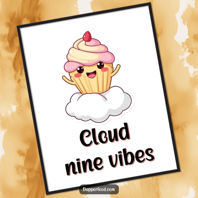 Funny cupcake cloud bounce digital art print, kawaii character joyfully bouncing on a cloud, sweet and cheerful, ready to download.