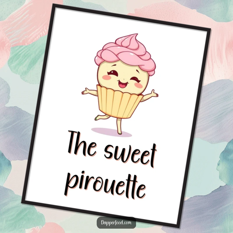 Funny digital art print of a giggling cupcake character with frosting hair doing a pirouette, perfect for vibrant, sweet decor. Instant funny gift.