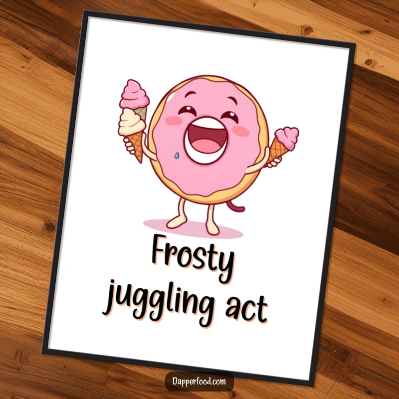 Funny donut character digital art print, big grin, hilariously juggling tiny ice cream cones, capturing sweet and humorous dessert art.