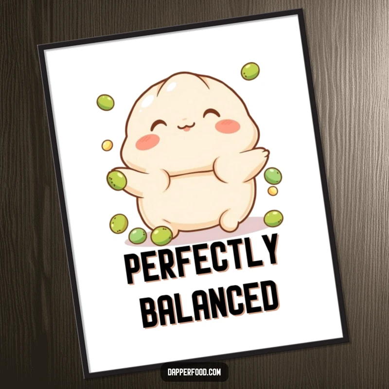 Funny Dumpling Digital Art Print of a playful character with rosy cheeks, balancing on a tiny ball, ready to bring adorable humor to your walls.