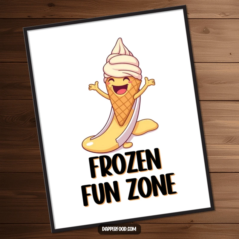 Funny digital art print of a laughing ice cream cone with arms sliding down a syrup slide, capturing pure dessert delight.