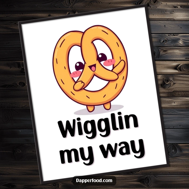 Funny Kawaii pretzel character captured mid-wiggle in a charming digital art print, bringing playful and humorous visual delight.