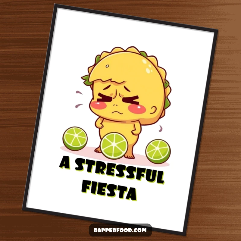 Funny digital art print of a nervous taco sweating and juggling limes, conveying relatable humor.