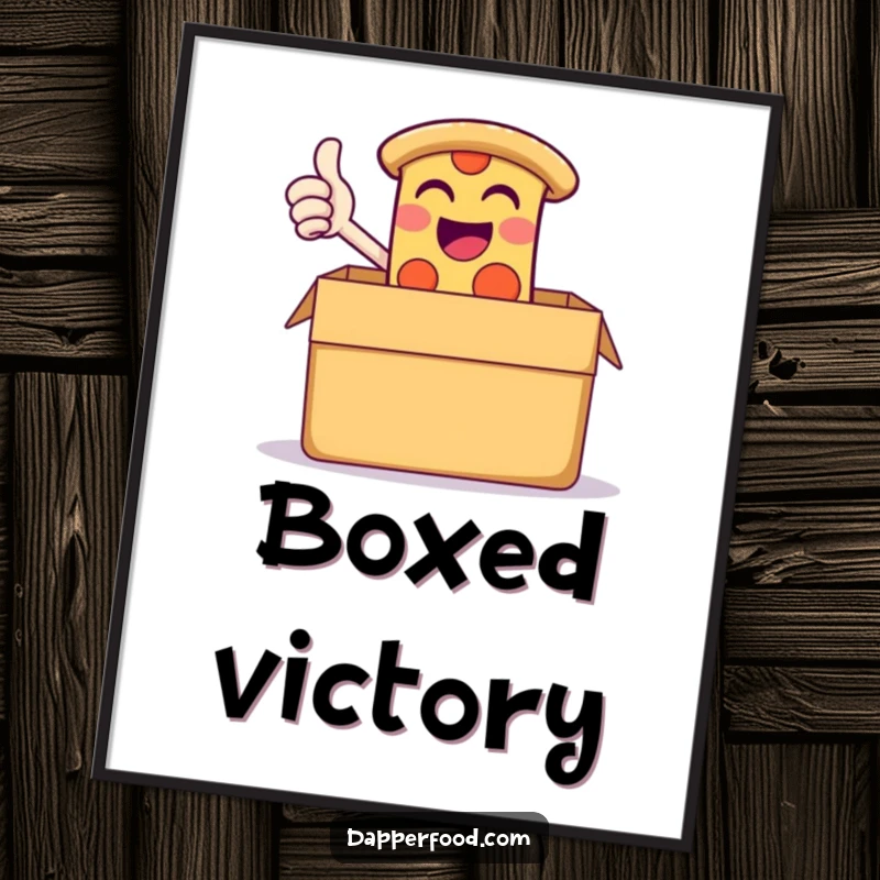 Funny digital art print of a giggling slice of pizza giving a thumbs-up from a giant pizza box, perfect for instant food-themed decor.