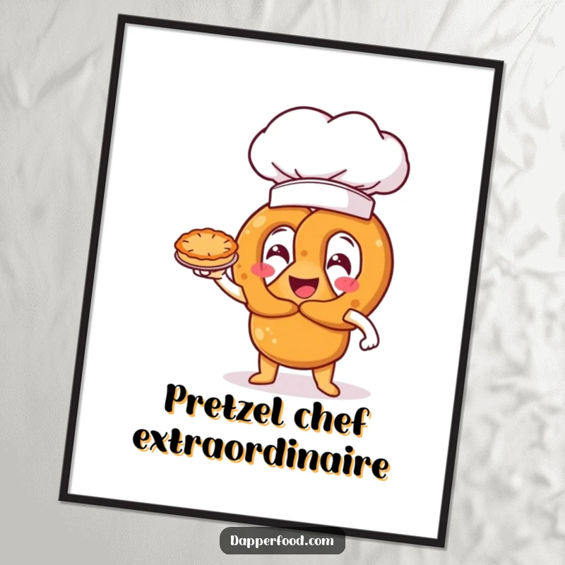 Funny pretzel character with an oversized chef hat, triumphantly presenting a miniature pie, a humorous digital art print.