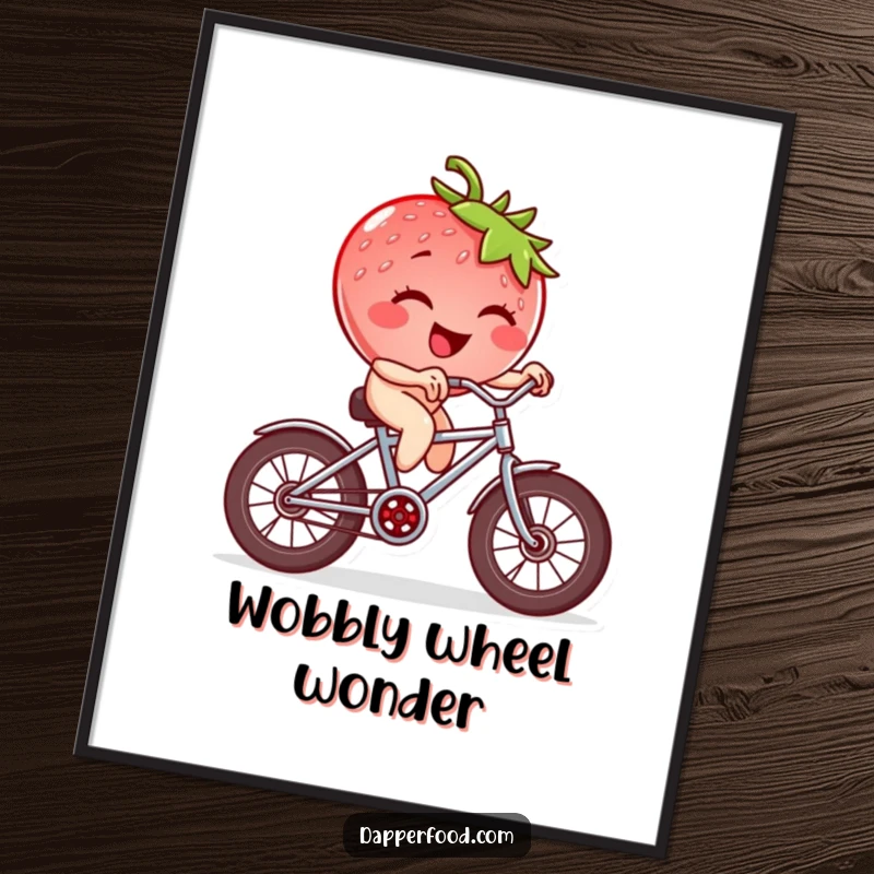 Funny strawberry character winking and riding a tiny bicycle with square wheels, a humorous digital art print.