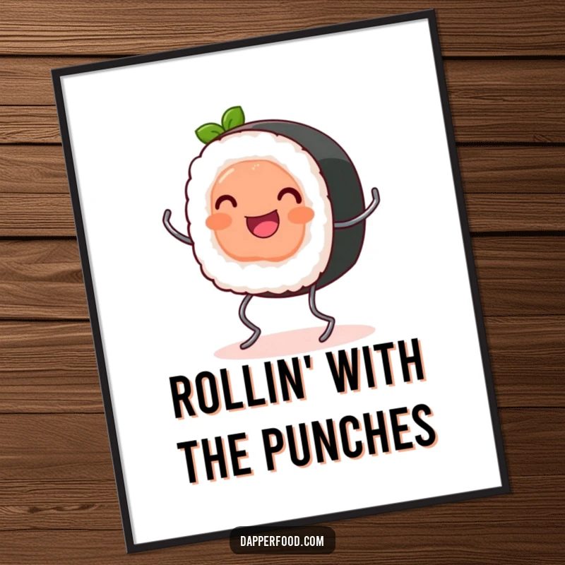 Funny Digital Art Print: A happy sushi roll with tiny spring legs bounces, capturing playful Japanese food charm.