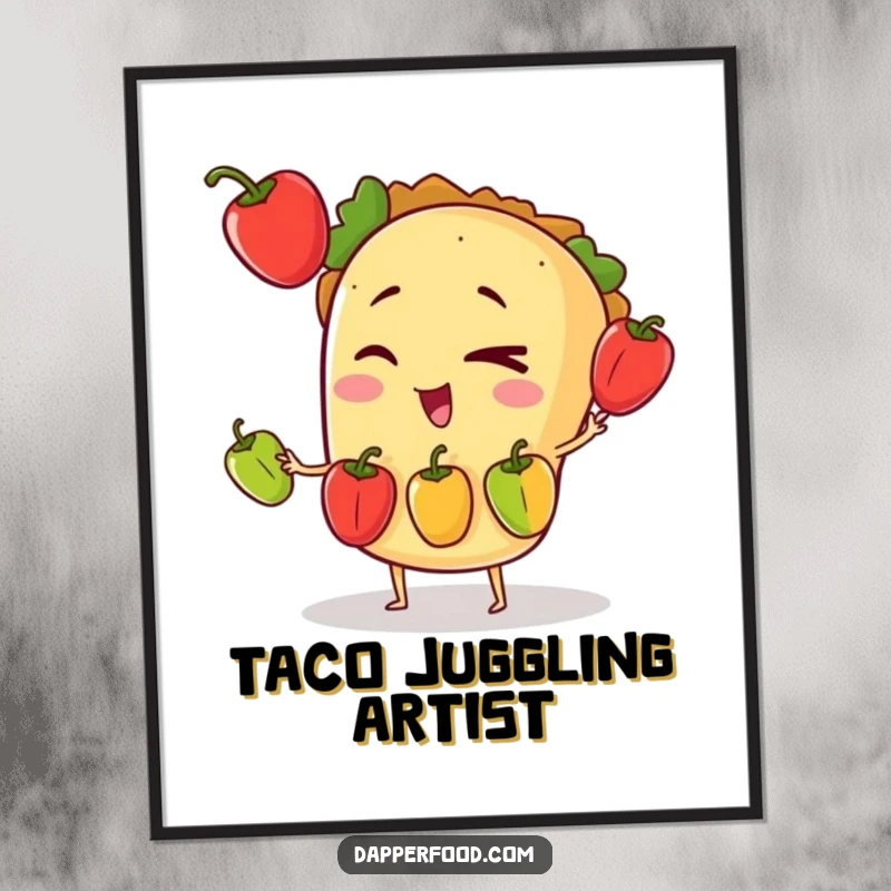 Funny digital art print of a winking taco character skillfully juggling three tiny bell peppers, radiating fiesta energy.