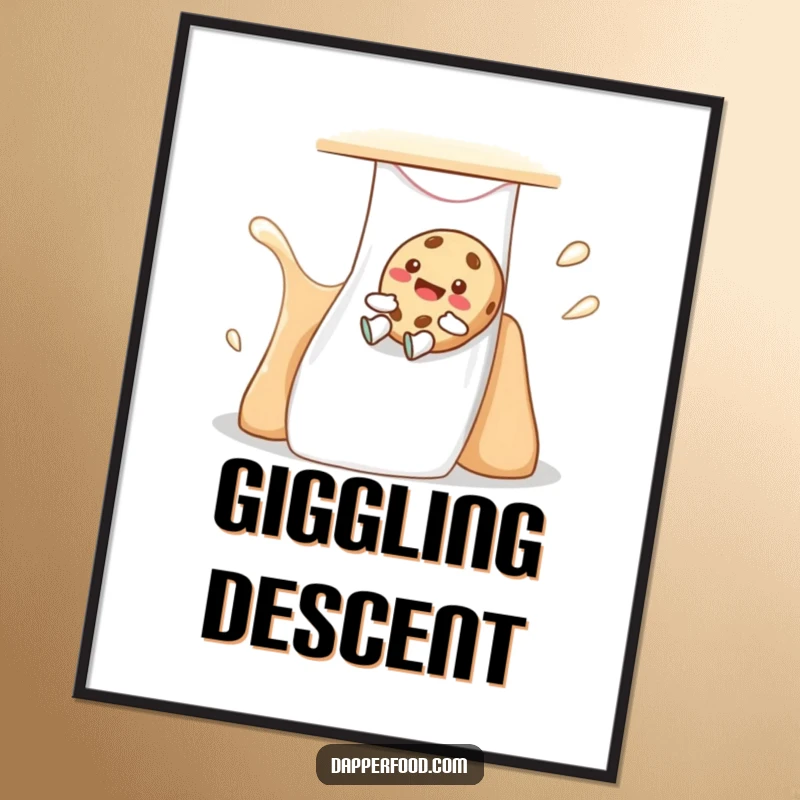 Funny cookie digital art print of a giggling character sliding down a milk-flavored slide, conveying sweet joy and fun.
