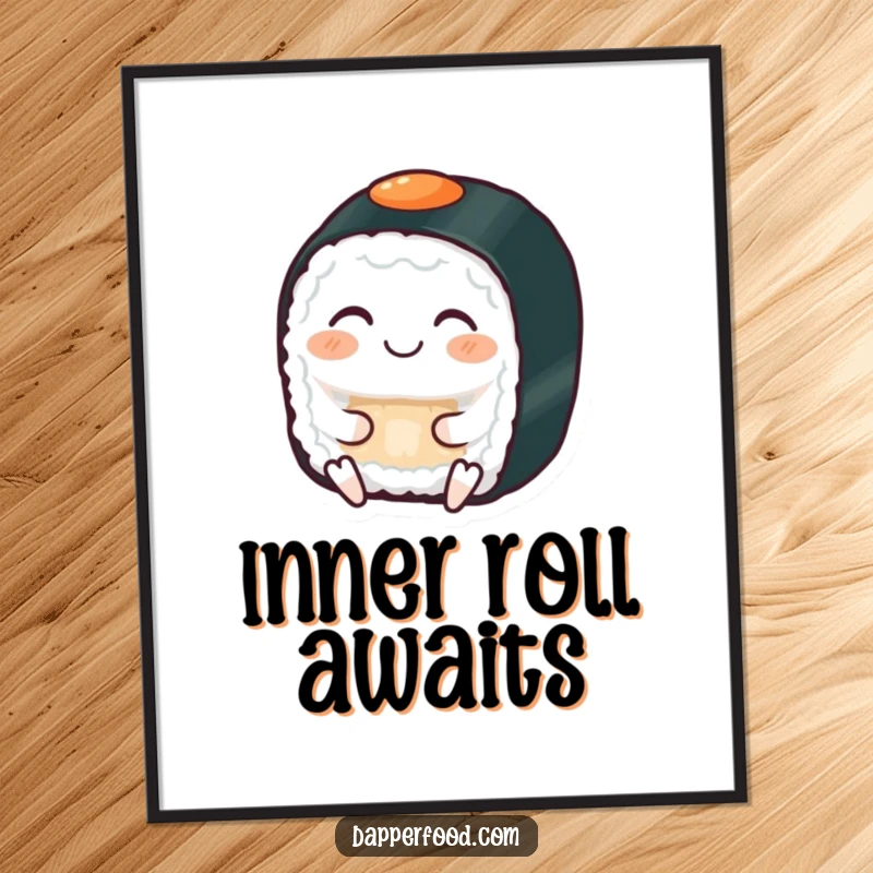 Funny digital art print of a grinning sushi roll with eyes closed, serenely meditating, calm and humorous.
