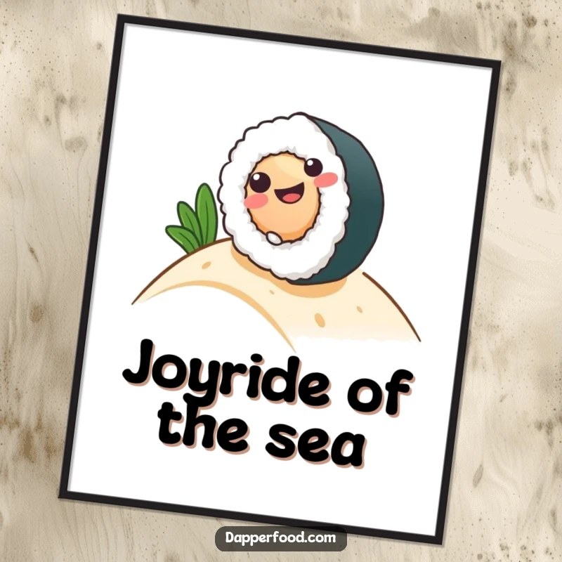 Funny Digital Art Print of a smiling sushi roll character gleefully rolling down a hill, bringing instant cheer.