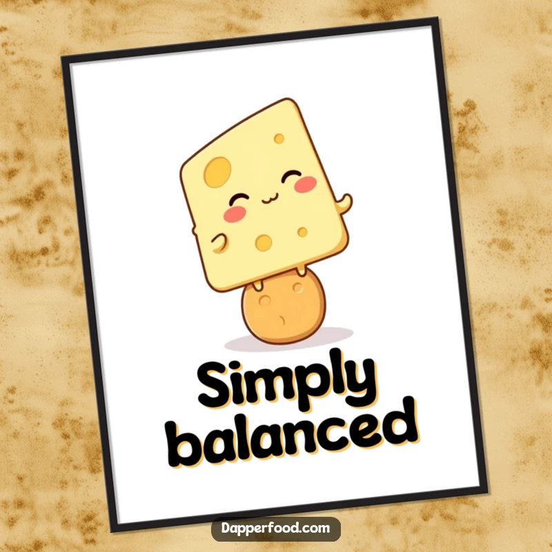 Funny cheese cracker giggle digital art print, kawaii cheese character giggling on a cracker, witty and cheerful, ready to download.