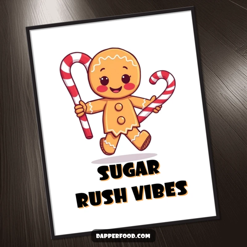 Funny digital art of a gingerbread man character joyfully running with a giant candy cane, perfect for adding whimsical charm to any space.