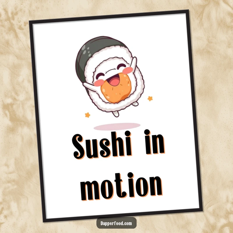 Funny sushi roll digital art print, kawaii character doing a somersault, vibrant and cheerful, ready to download.