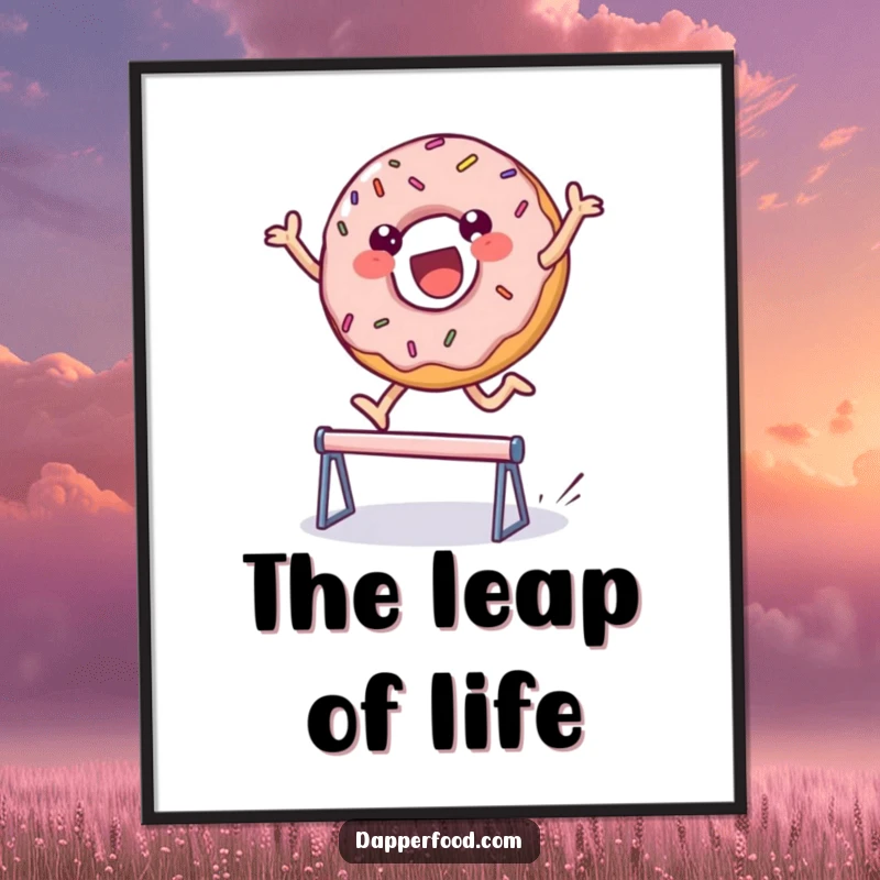 Funny digital art print of a delighted, sprinkled donut character leaping over a tiny hurdle, perfect for vibrant, sweet decor. Instant funny gift.