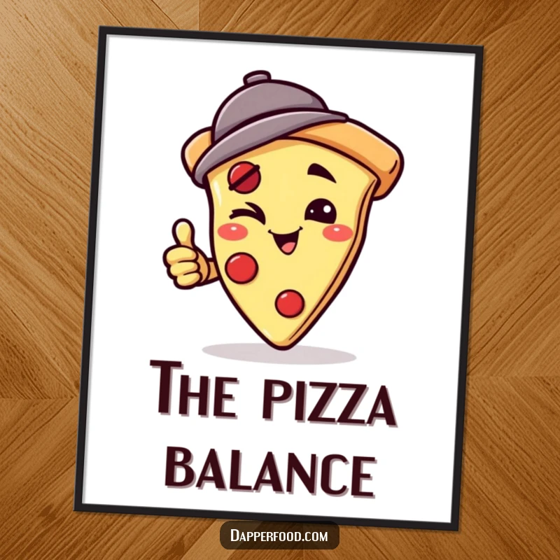 Funny digital art print of a winking pizza slice character in a jaunty hat doing a handstand, perfect for vibrant, witty decor. Instant funny gift.