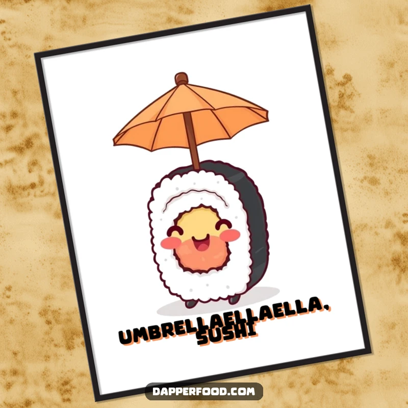 Funny Digital Art Print of a happy sushi roll joyfully balancing a tiny umbrella, spreading cheer.
