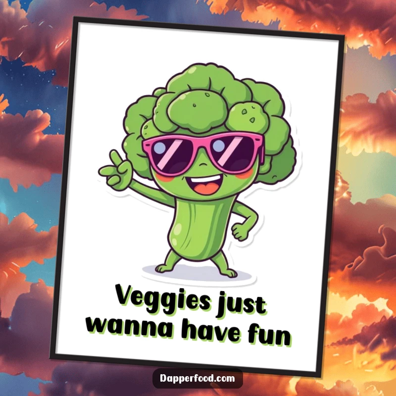 Funny broccoli spear character with tiny sunglasses, striking a dramatic superhero pose, a humorous digital art print.