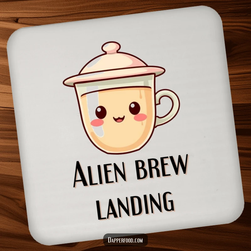 Funny UFO coffee coasters showing a cup character with a flying saucer lid, hovering gleefully, perfect for themed decor.
