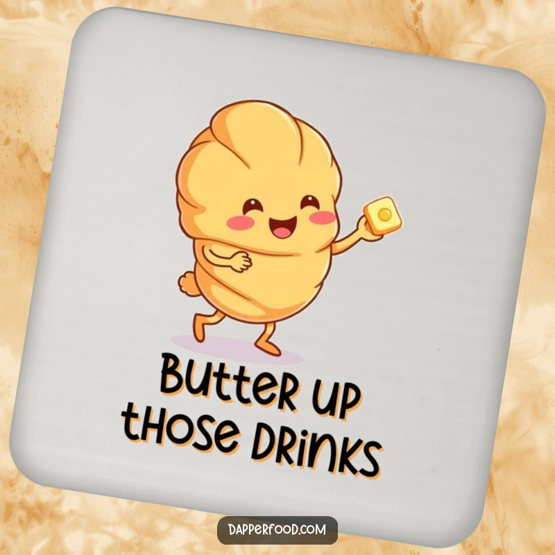 Funny croissant character doing a joyful jig with a butter pat, depicted on a humorous drink coaster.