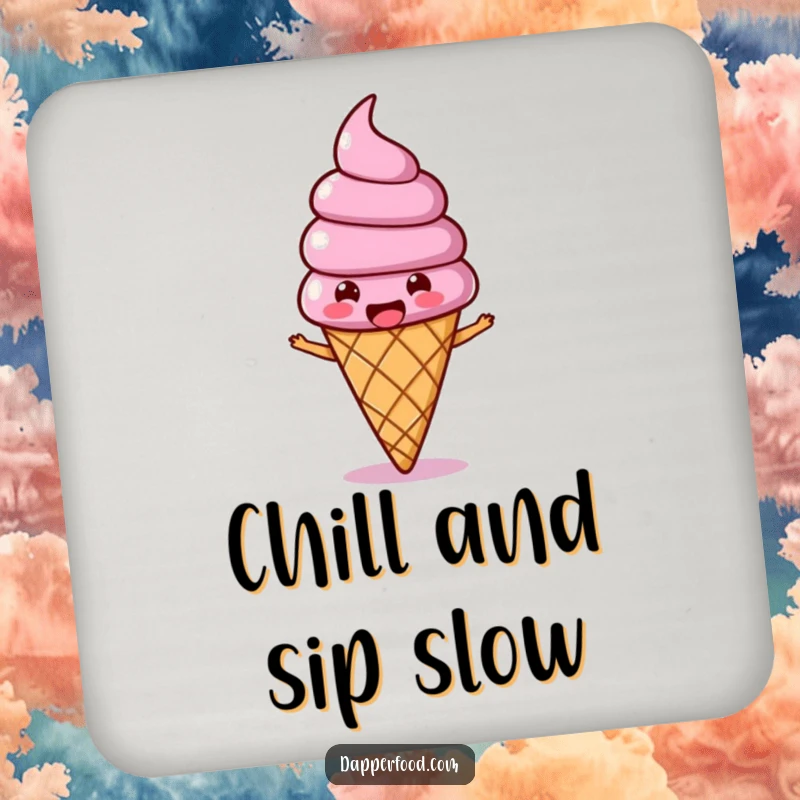 Funny Ice Cream Wobble Drink Coaster featuring a joyous ice cream cone character with a wobbling topping, bopping along.