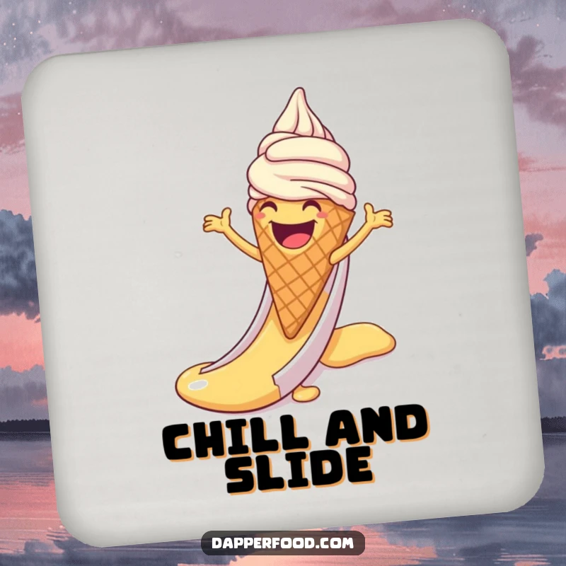 Funny coaster showing a laughing ice cream cone with arms sliding down a syrup slide, adding a touch of dessert fun.