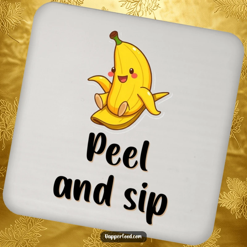 Funny drink coasters featuring a smiling banana sliding down a banana peel, protecting surfaces with playful humor.