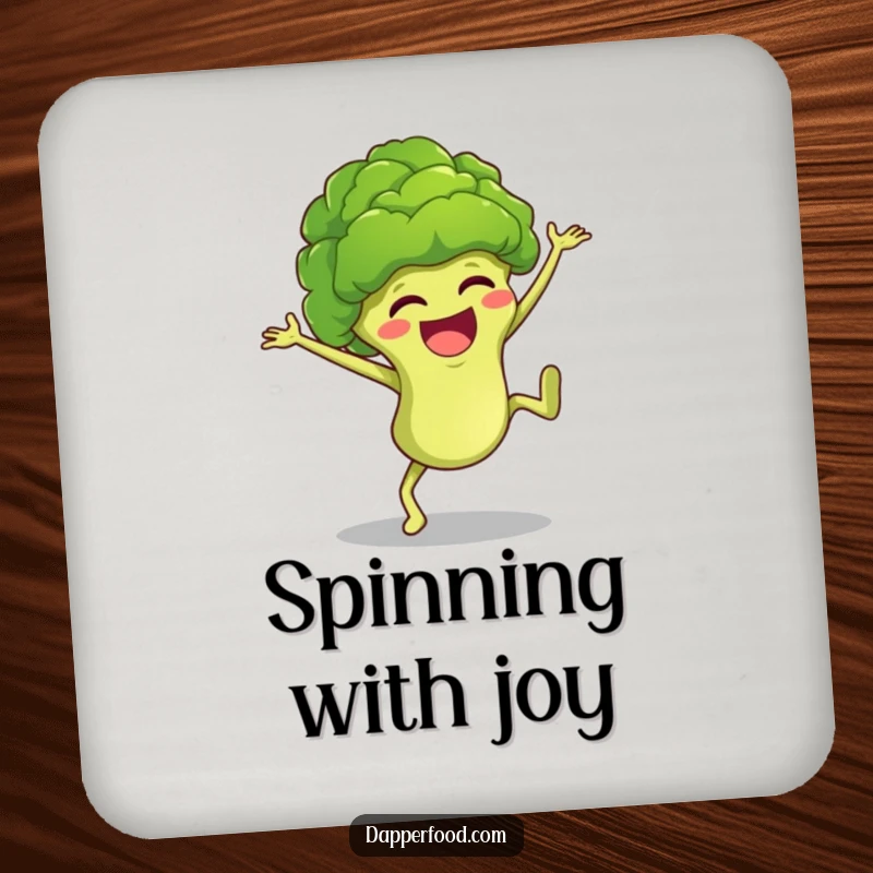 Funny broccoli character cartwheeling joyfully, designed as a humorous and protective drink coaster for any surface.