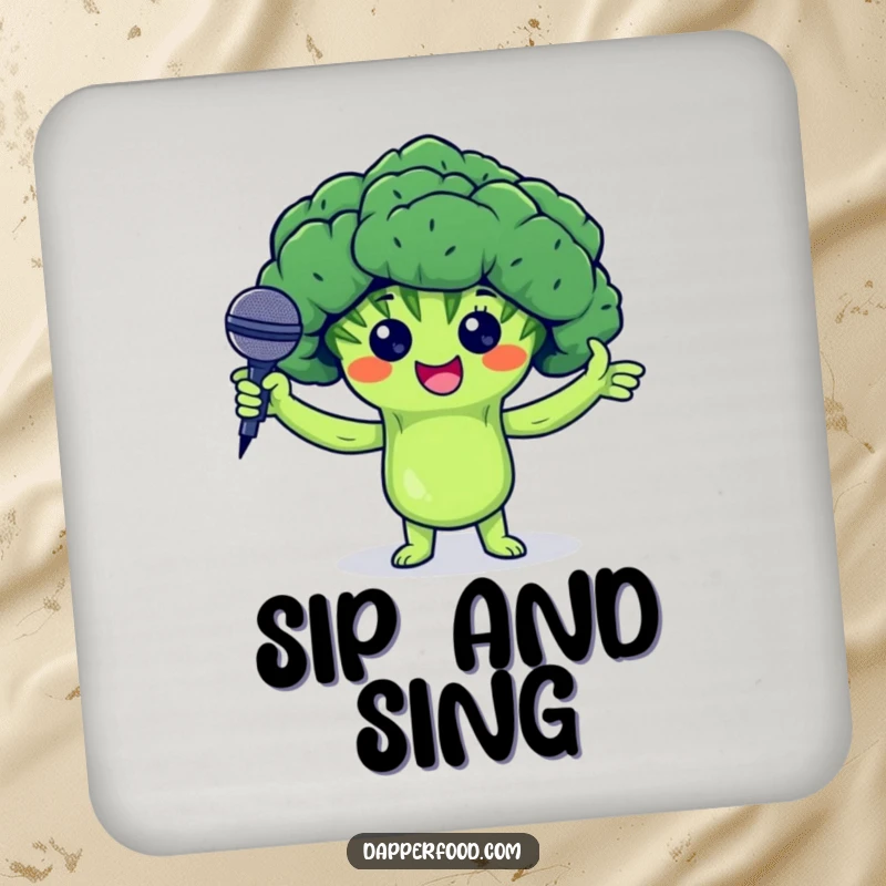 Funny drink coaster featuring a proud broccoli floret character presenting a tiny microphone, protecting surfaces with a touch of musical humor.