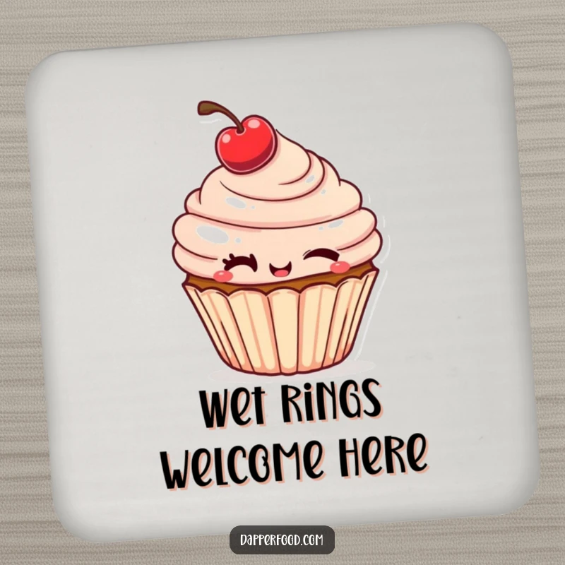 Funny Drink Coaster with a cheeky cupcake winking, a cherry tilted, protecting surfaces with humor.