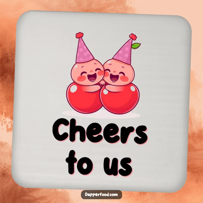 Funny giggling cherries wearing tiny party hats, sharing a joyful, exaggerated hug, humorous coasters.