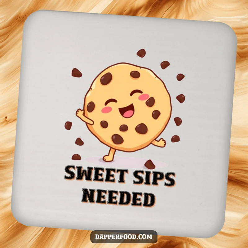 Funny cookie cartwheel coaster, a chocolate chip cookie attempting a cartwheel, perfect for drinks. A small but mighty funny gift.