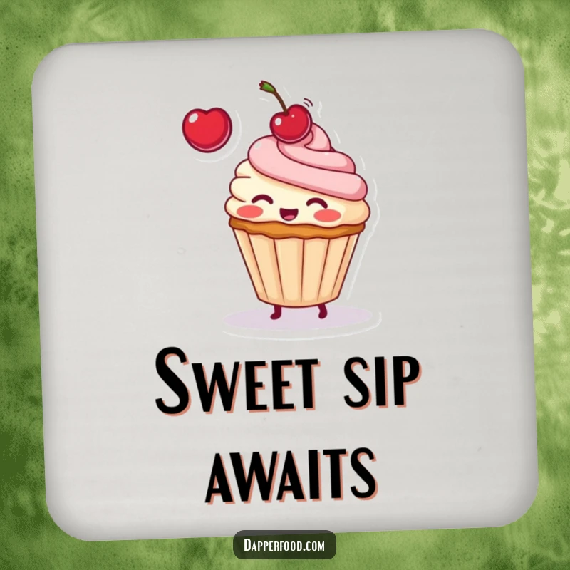 Funny drink coaster depicting a blushing cupcake character in the act of playfully tossing a cherry upwards.