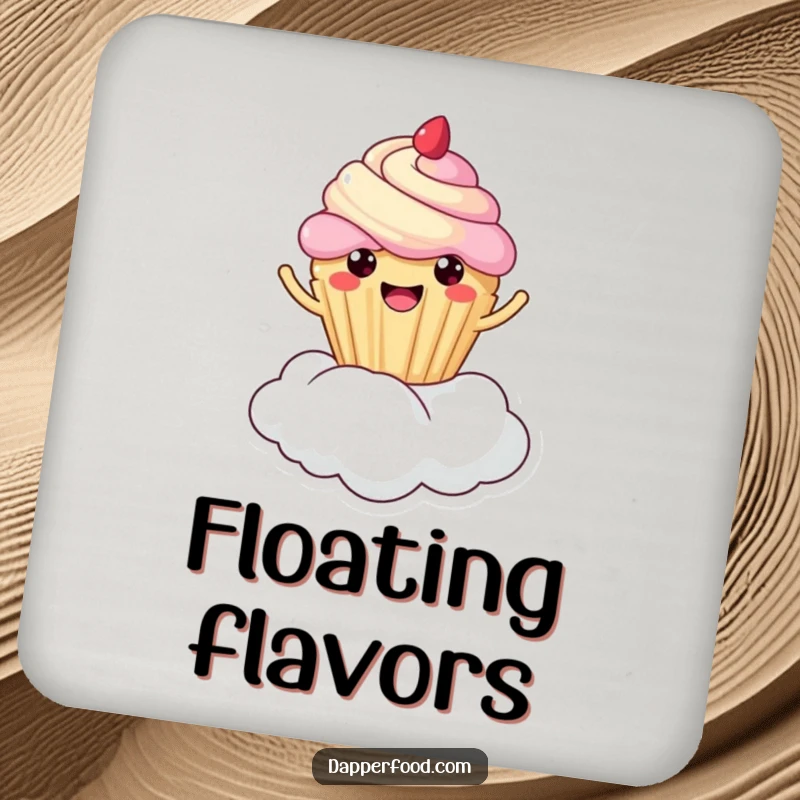 Funny cupcake cloud bounce coasters, kawaii character happily bouncing on a cloud, set protecting furniture, perfect funny gift.