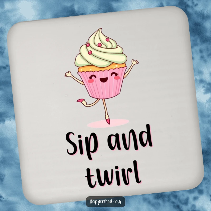 Funny coaster showing a cheerful cupcake with legs performing a ballet pirouette, adding a touch of sweet artistry to drinks.