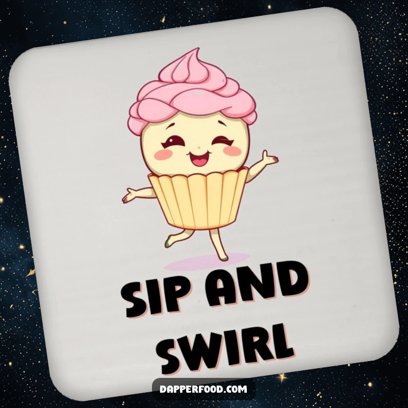 Funny drink coasters featuring a giggling cupcake character with frosting hair doing a pirouette, offering protection and sweet, humorous art. Ideal funny gift.