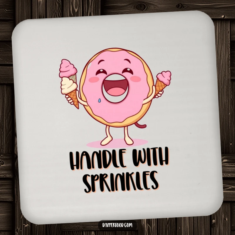 Funny donut character drink coaster, delighted expression, juggling small ice cream cones, offering humorous and sweet surface protection.