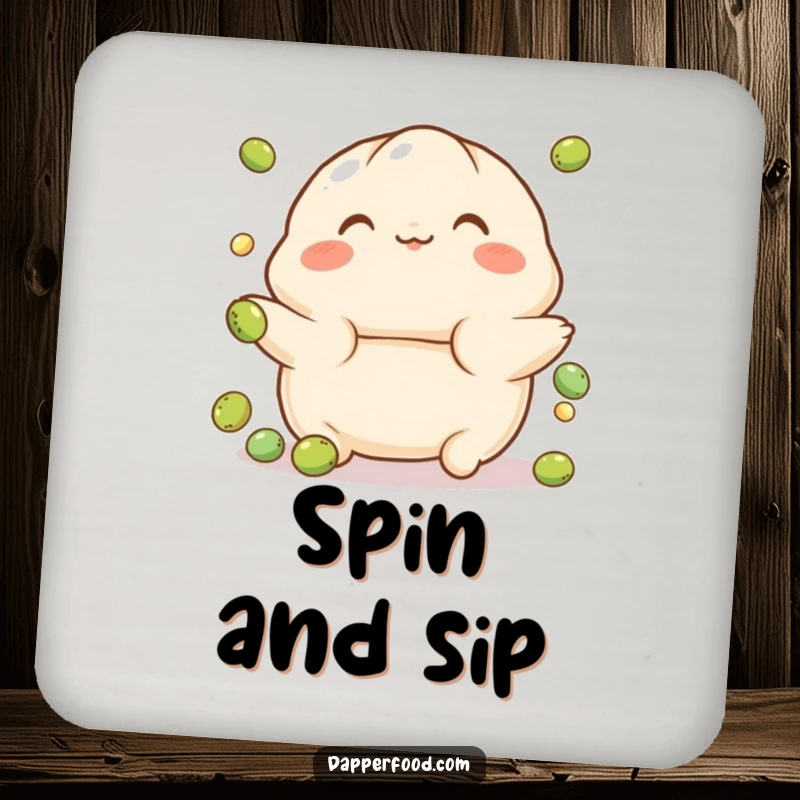 Funny Dumpling Coaster featuring a playful character with rosy cheeks, balancing on a tiny ball, safeguarding drinks with adorable, playful humor.
