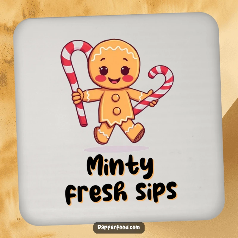 Funny drink coaster with a gingerbread man character running with a large candy cane, protecting surfaces with a touch of holiday humor.
