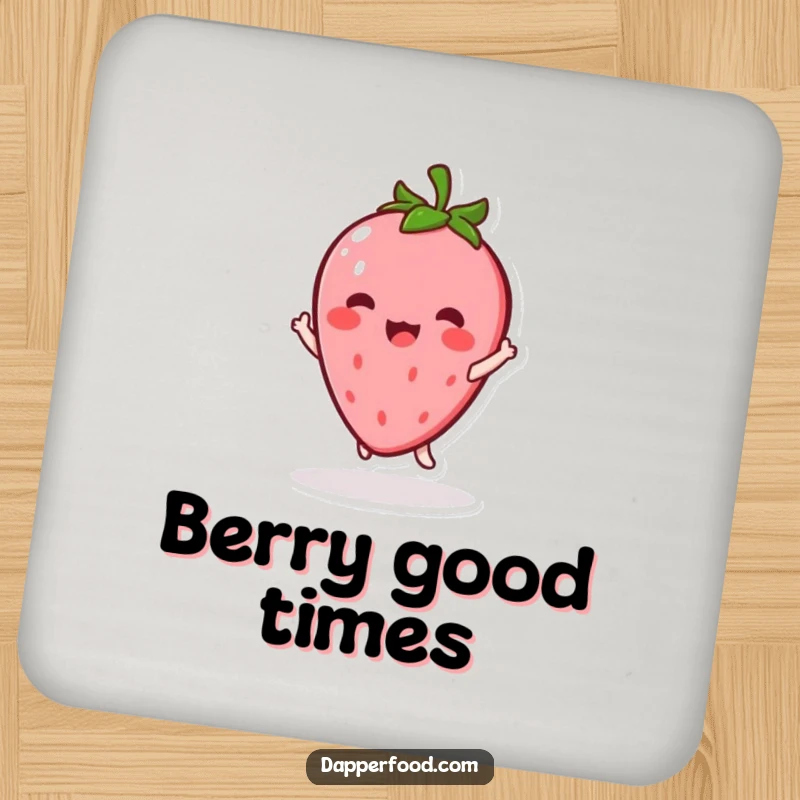 Funny Kawaii Strawberry Coasters: Set of coasters featuring a happy character twirling, protecting surfaces with sweetness, a nice funny gift.