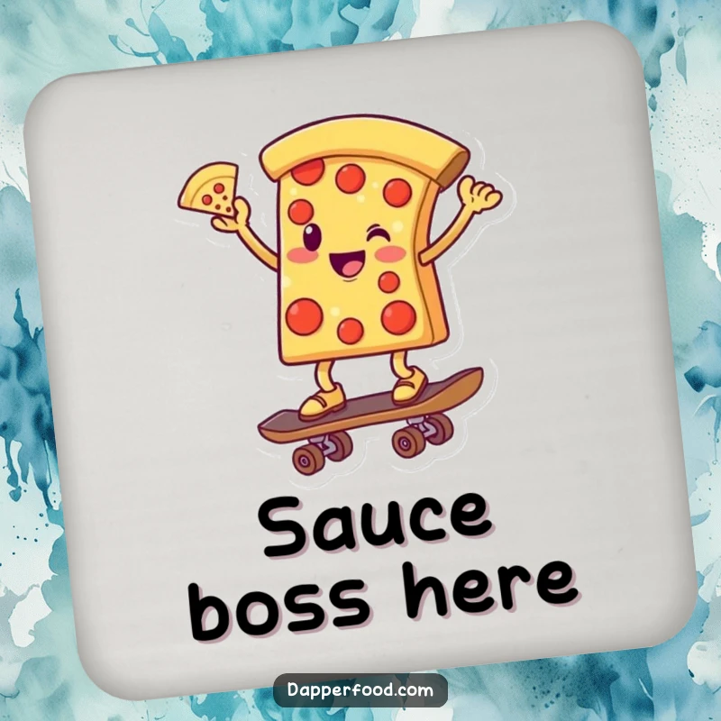 Funny drink coaster featuring a smiling pizza slice character balancing dynamically on a skateboard, ready to roll.