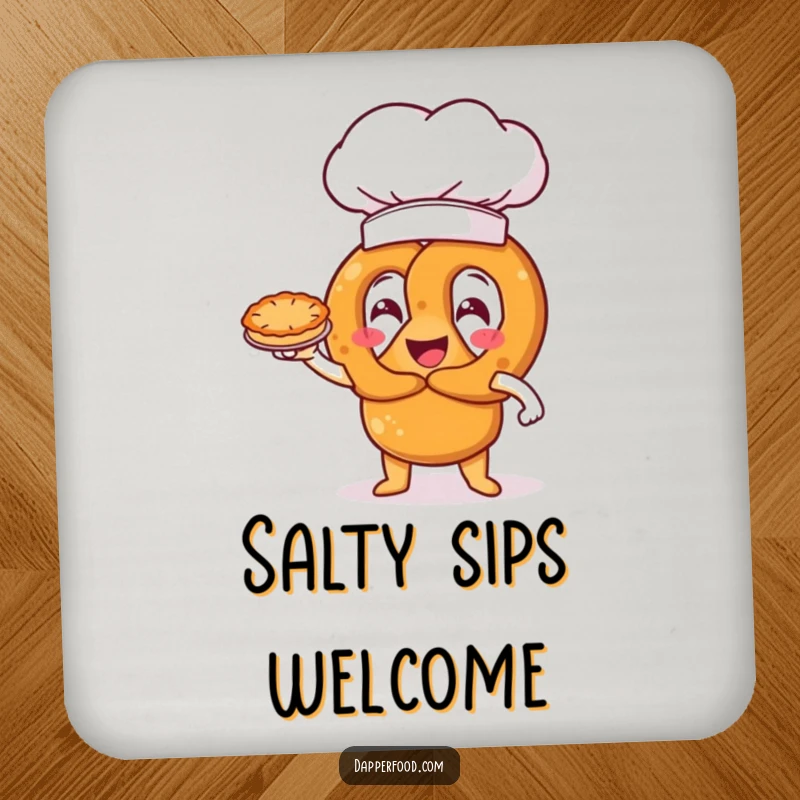 Funny pretzel character with an oversized chef hat, triumphantly presenting a miniature pie, humorous coasters.