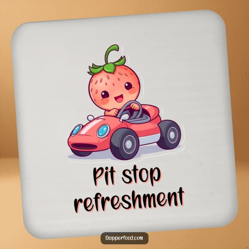 Funny strawberry racer coasters showing a smiling character in a tiny race car, perfect for adding humorous protection.
