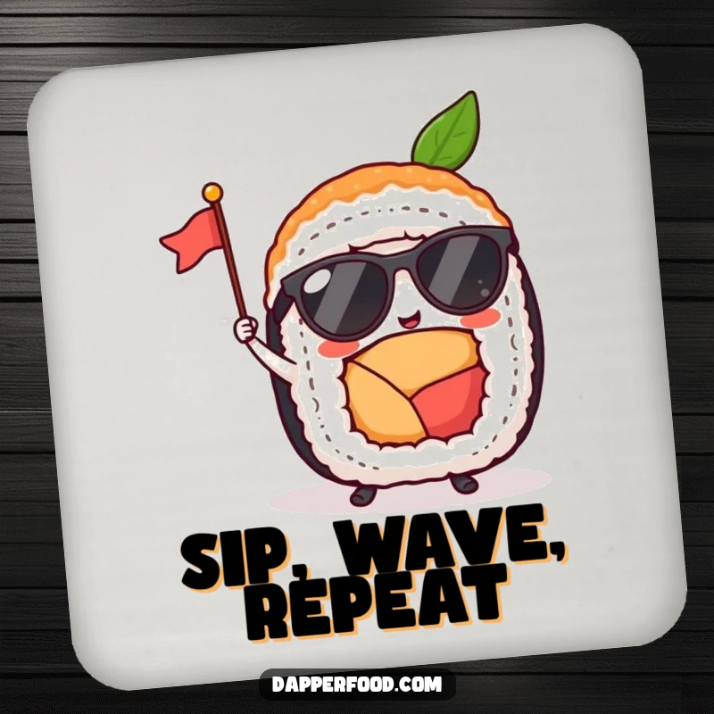 Funny sushi roll character wearing sunglasses and waving a flag on a drink coaster, adding humor to table settings.