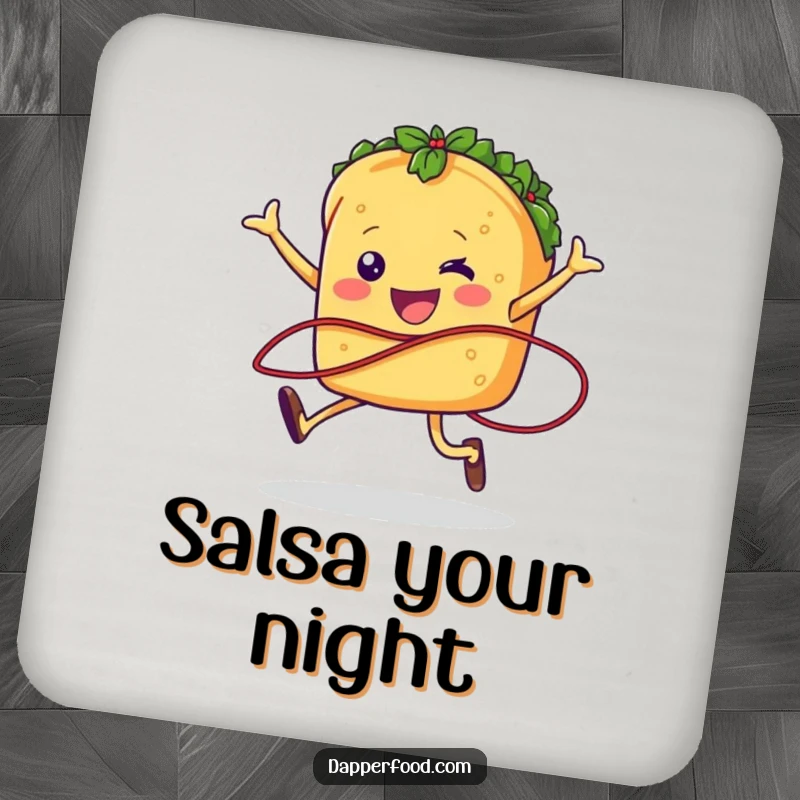 Funny taco character jumping rope on a coaster, offering humorous protection for surfaces.