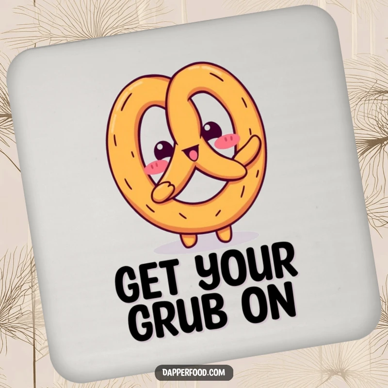 Funny Kawaii pretzel character wiggling playfully on protective drink coasters, adding a humorous accent to tables.
