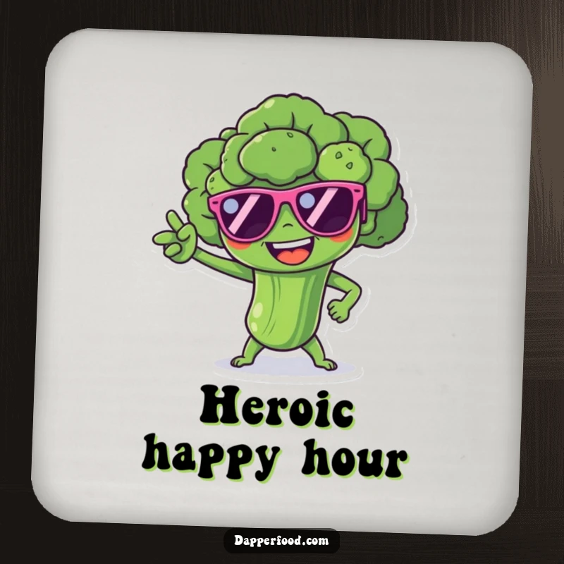 Funny broccoli spear character with tiny sunglasses, striking a dramatic superhero pose, humorous coasters.