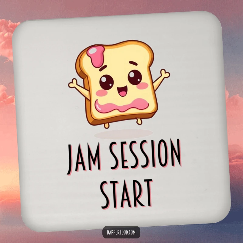 Funny coaster showing a piece of toast with eyes jumping excitedly towards a jelly jar, adding a humorous touch to drinks.